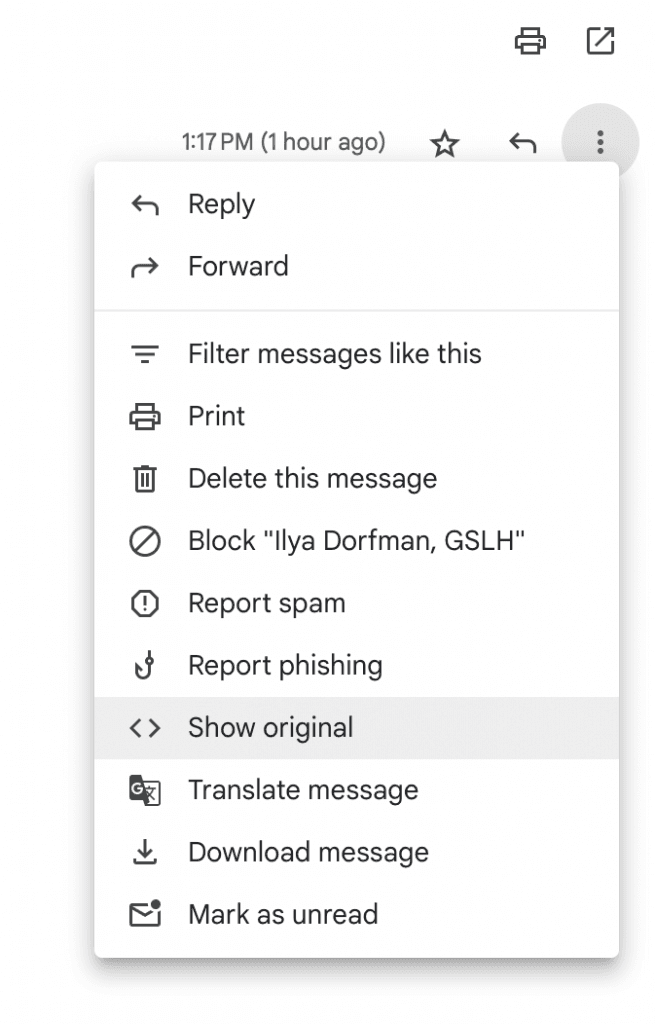 Gmail menu showing the Show original option