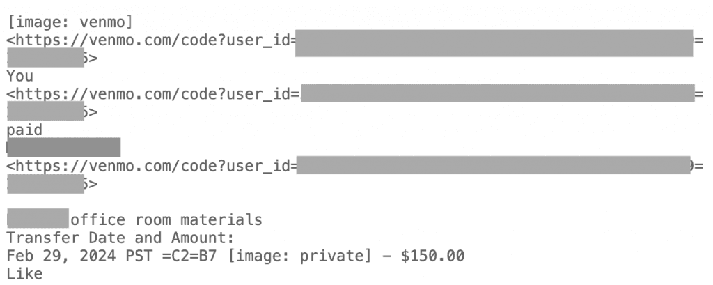 Raw email source showing the actual text structure of the Venmo email